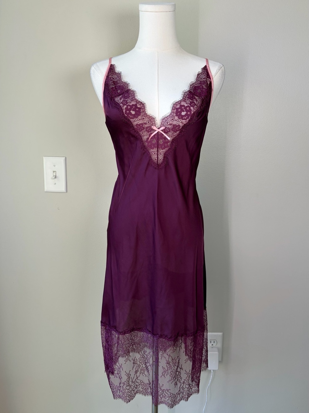 Victoria’s Secret Lace Trim Plum Open Back Midi Slip Dress Femme Romantic